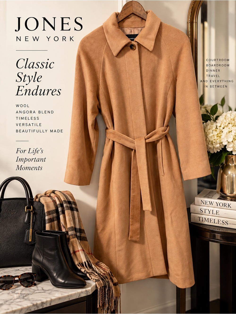Jones New York Wool Angora Wrap Coat | Camel Belted | Size 10